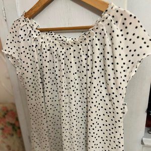 Pleated Neckline Bow Tie Back White and Dark Blue Polka Dot Chiffon Blouse